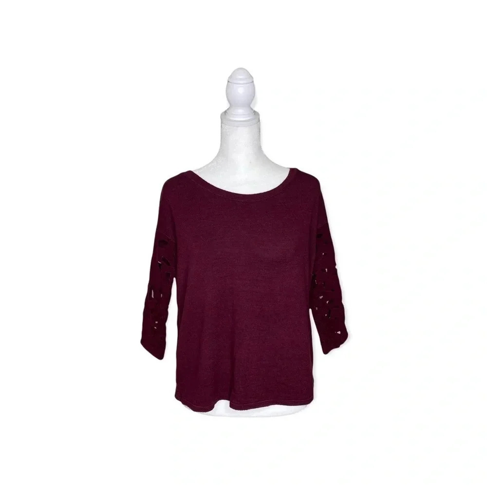 American Eagle Maroon Top With Floral Sleeves and Layered Open Lower Back XS